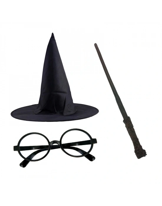 Harry Potter Siyah Şapkası Harry Potter Gözlüğü Harry Potter Asası 3 Lü Set