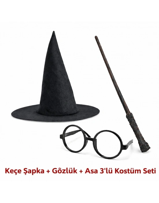 Harry Potter Tarzı Çocuk Seti (Siyah Keçe Şapka, Asa, Gözlük)