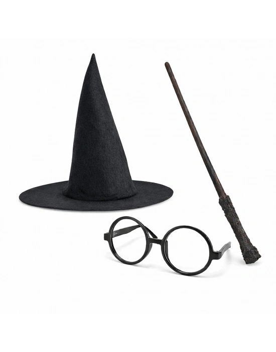 Harry Potter Tarzı Çocuk Seti (Siyah Keçe Şapka, Asa, Gözlük)