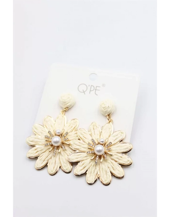 Hasır Çiçek Küpe - Krem