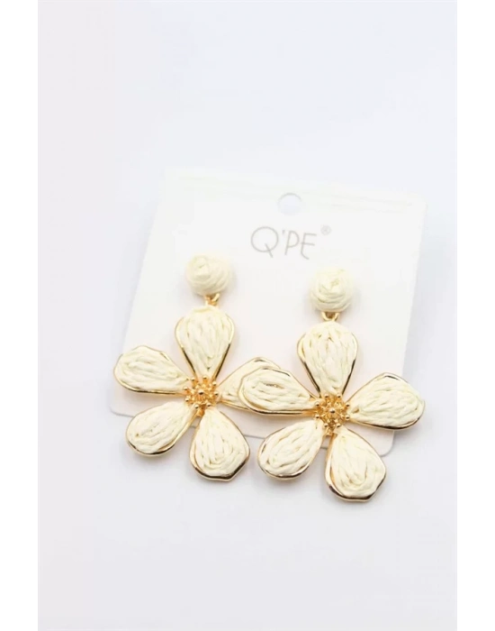 Hasır Çiçek Küpe - Krem