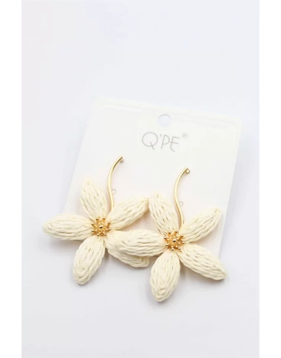 Hasır Çiçek Küpe - Krem