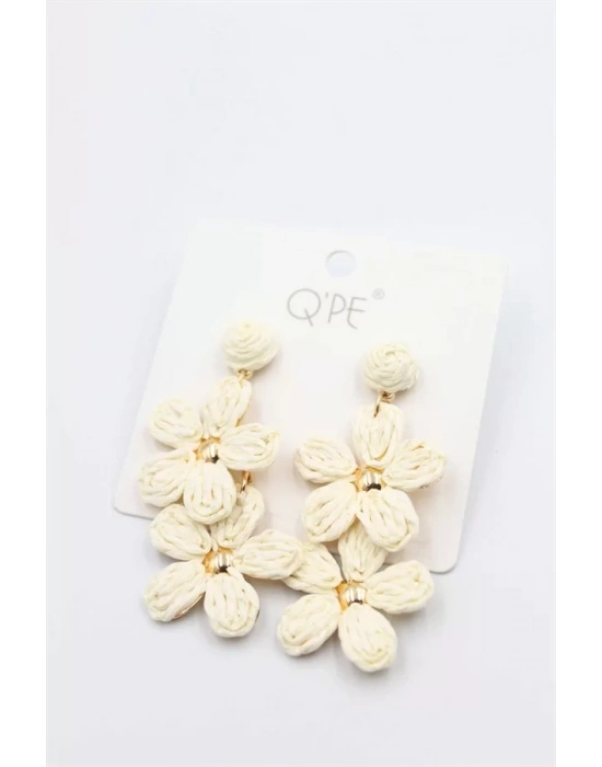 Hasır Çiçek Küpe - Krem