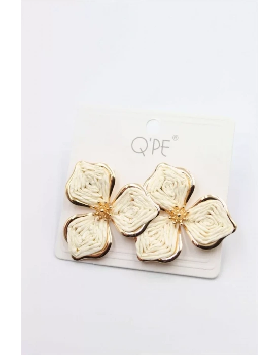 Hasır Çiçek Küpe - Krem