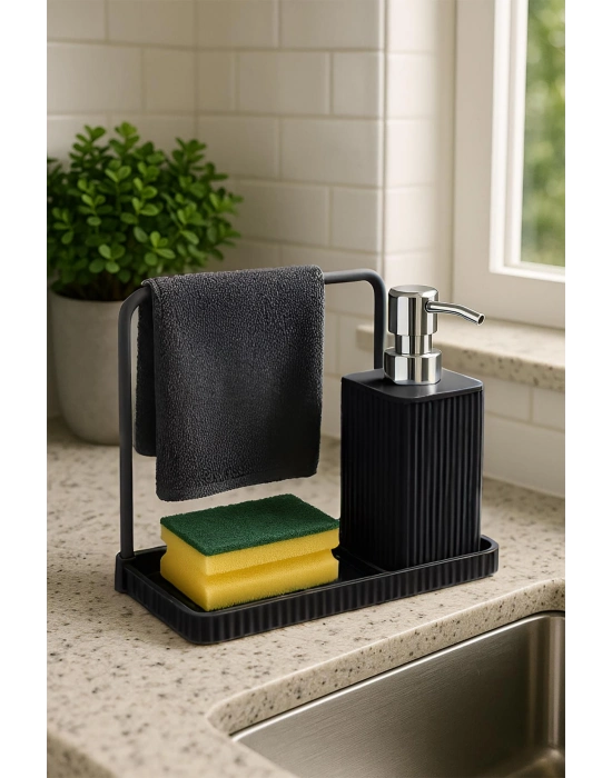 Havluluklu Sıvı Sabunluk & Havlu Asma Aparatlı Sıvı Sabunluk Siyah 400 ml
