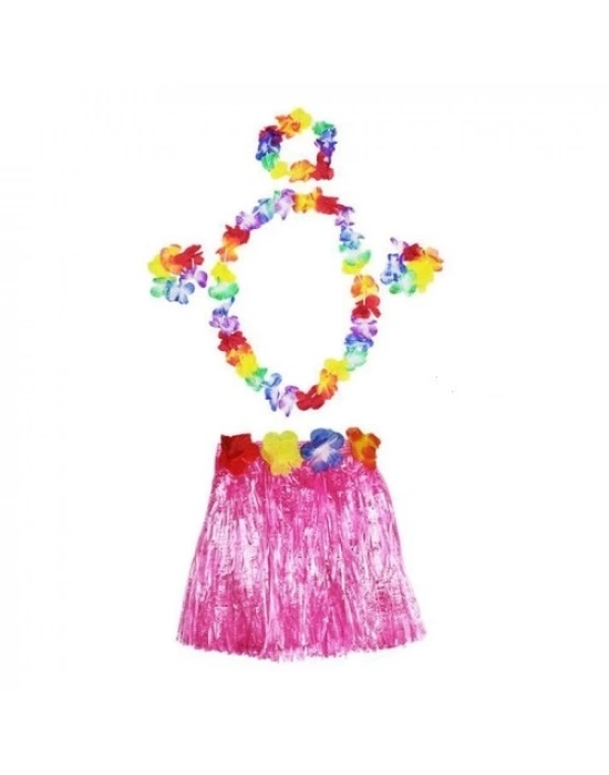 Hawaii  Kolye Etek Taç ve Bileklik Seti Pembe