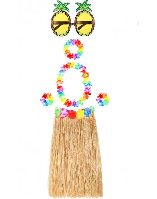 Hawaii Parti Kostüm Seti - 60 Cm Hasır Etek, Çiçekli Aksesuarlar Ve Ananas Gözlük