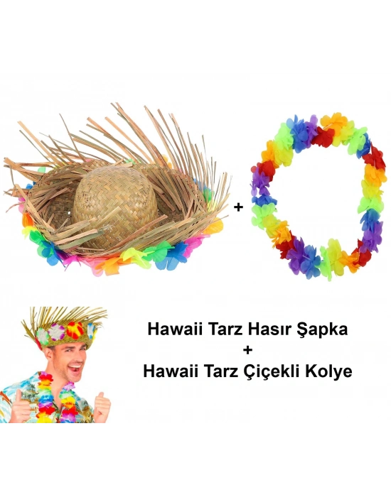 Hawaii Tarzı Tropikal Çiçekli Hasır Şapka Ve Çiçekli Hawaii Kolye