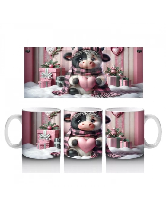 Hediye Kutuları Arasında Oturan Kalpli Figür Tutan İnek - Baskılı kahve kupası