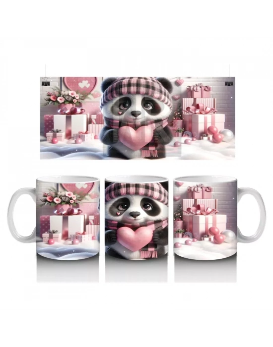 Hediye Kutuları Arasında Şapkalı Sevimli Panda – Baskılı Kahve Kupası