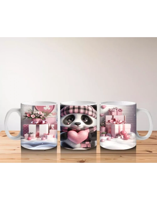 Hediye Kutuları Arasında Şapkalı Sevimli Panda – Baskılı Kahve Kupası