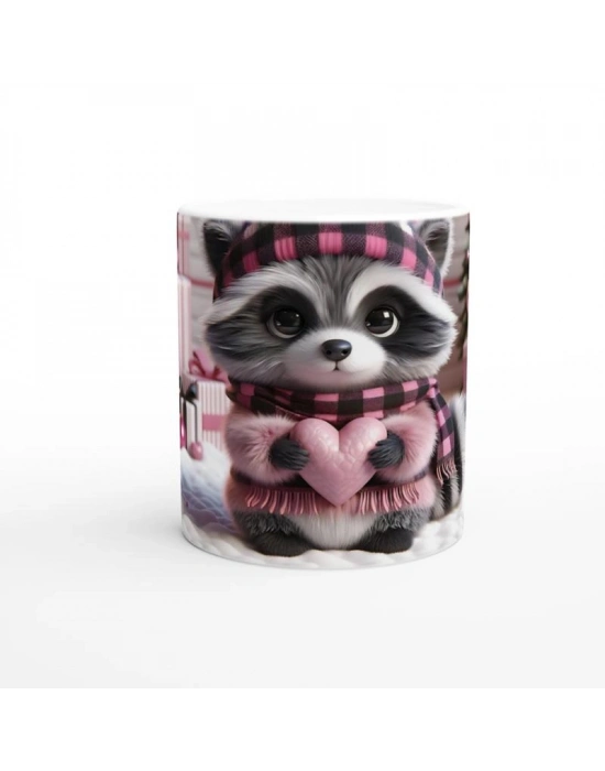 Hediye Paketleri Arasında Kalpli Rakun Temalı Baskılı Kupa Bardak