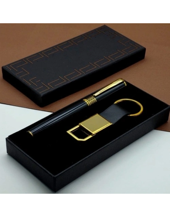 Hediyelik Siyah Kalem Ve Gold Deri Anahtarlık Kutulu Set