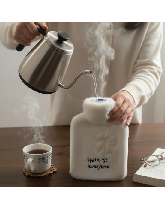 ® Hello Everyone Yazılı Kurdeleli Beyaz Peluş Sıcak Su Torbası 1 Lt – Yumuşak Kılıf, Uzun Süre Sıcak Tutan Termal Su Torbası