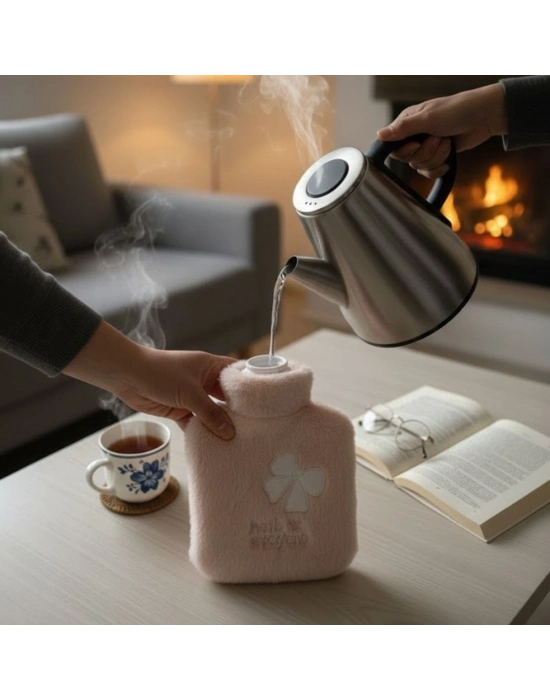 ® Hello Everyone Yazılı Kurdeleli Pembe Peluş Sıcak Su Torbası 1 Lt – Yumuşak Kılıf, Uzun Süre Sıcak Tutan Termal Su Torbası