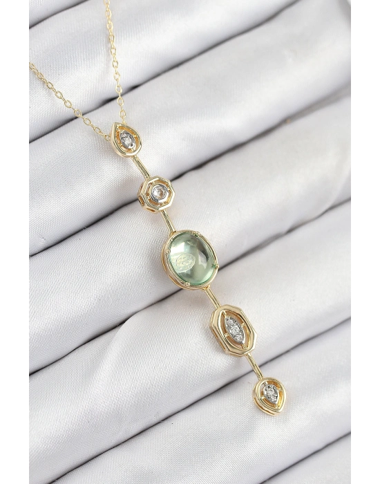 Pirinç Zincir Yeşil Gold Renk Zirkon Taşlı Y Kolye