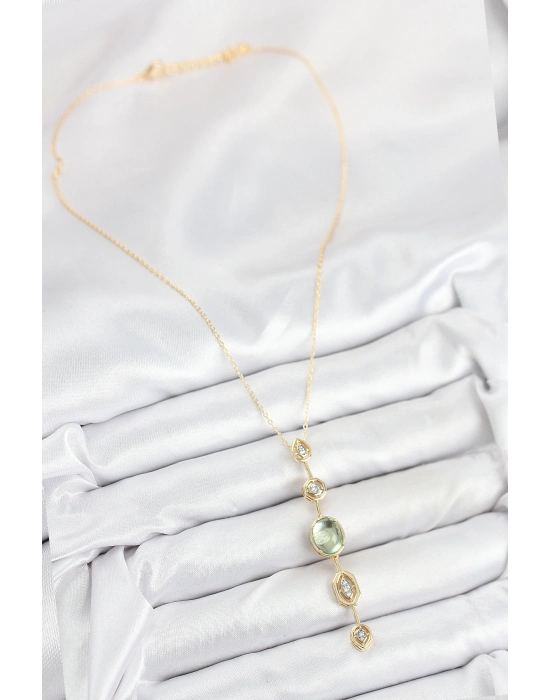 Pirinç Zincir Yeşil Gold Renk Zirkon Taşlı Y Kolye