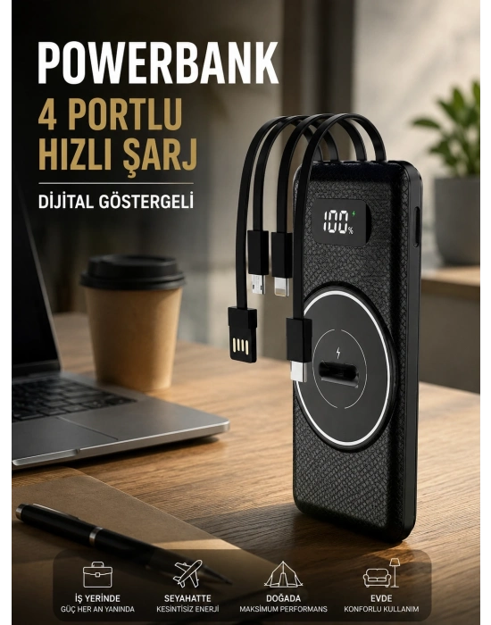 Hızlı Şarj Dijital Göstergeli Powerbankli Çoklu Şarj Özelliği