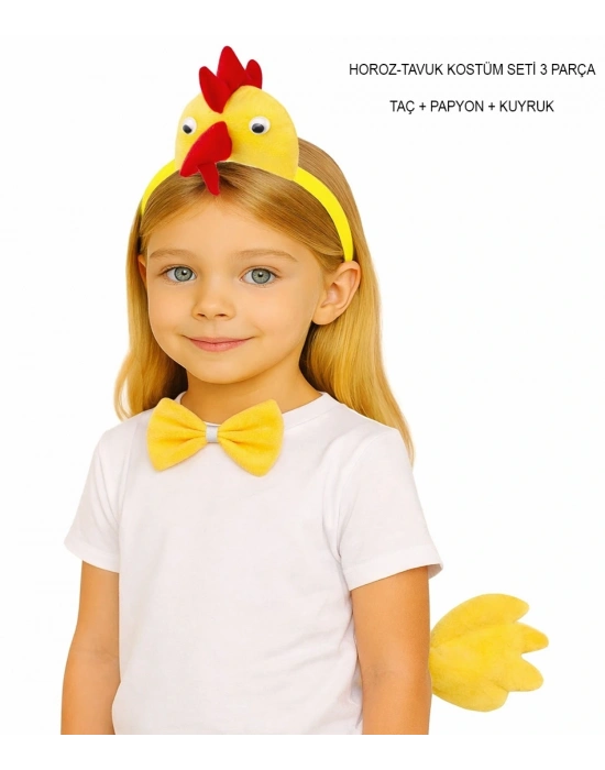 Horoz – Tavuk Kostüm Aksesuar Seti - Taç Papyon Kuyruk