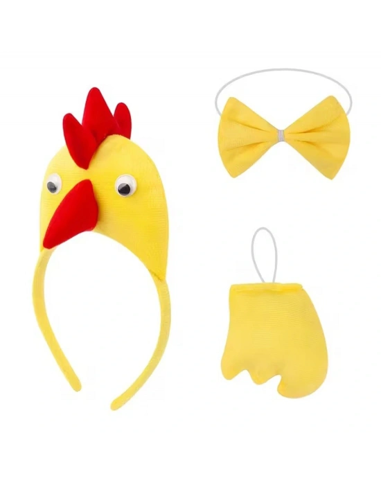 Horoz – Tavuk Kostüm Aksesuar Seti - Taç Papyon Kuyruk