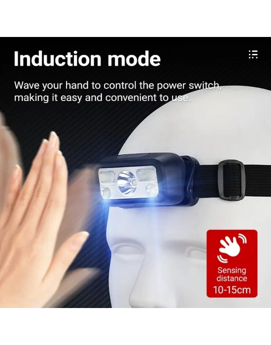 Hs-43 Sensörlü Şarjlı Type-c Çok Amaçlı Kırmızı Işıklı Kafa Lambası