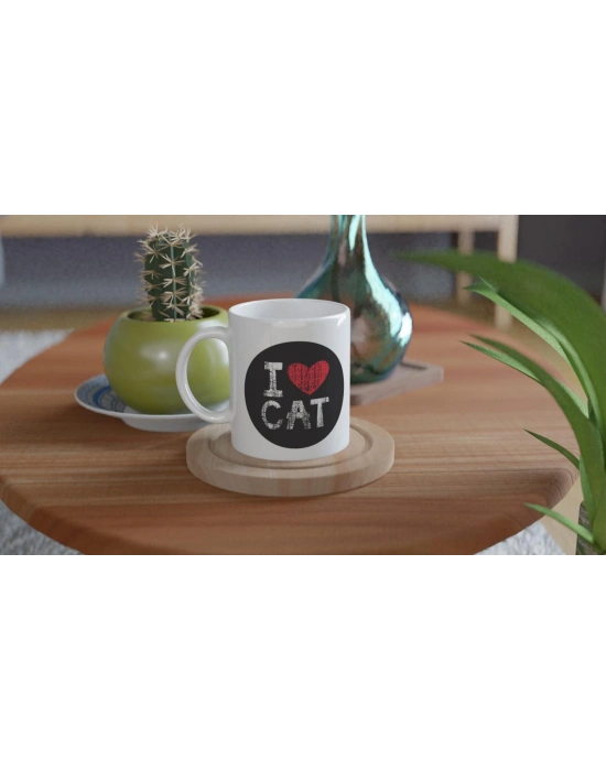 I Love Cat Yazılı Siyah-Beyaz Kedi Temalı Baskılı Kupa Bardak