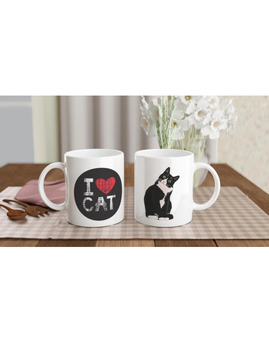 I Love Cat Yazılı Siyah-Beyaz Kedi Temalı Baskılı Kupa Bardak