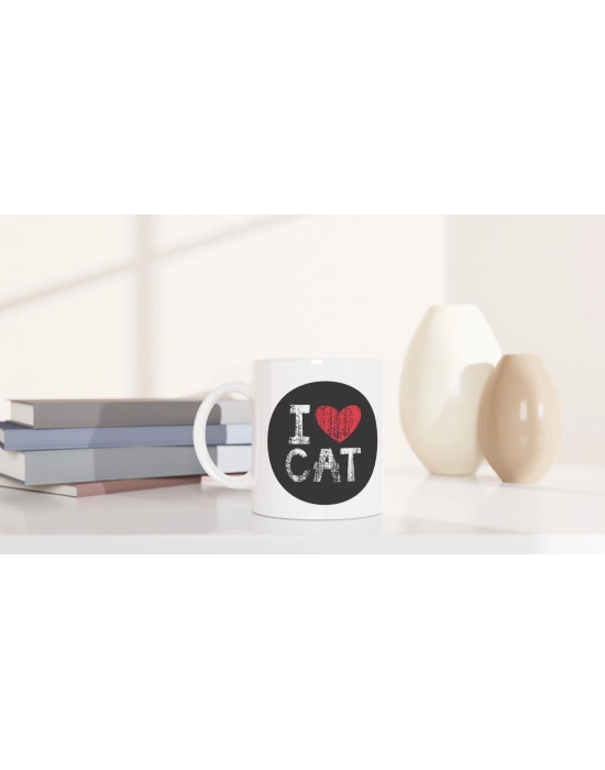 I Love Cat Yazılı Siyah-Beyaz Kedi Temalı Baskılı Kupa Bardak