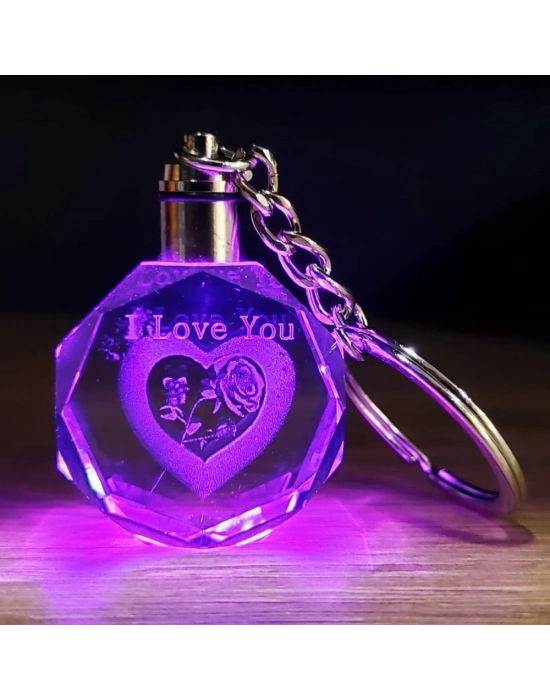 I Love You Kalp İçinde Gül Renk Değiştiren Kristal Anahtarlık