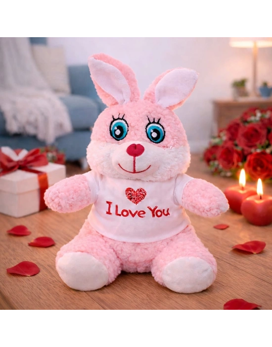 I Love You Tişörtlü Sevimli Pembe Peluş Tavşan