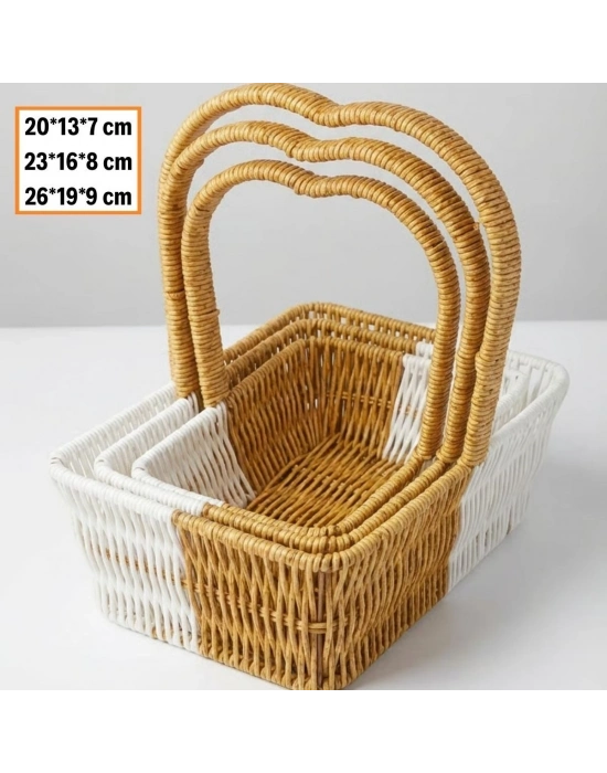 ®  İç İçe Geçebilen 3’lü Çift Renkli Dikdörtgen Formlu Kalp Saplı Plastik Rattan Sepet Seti – Hasır Görünümlü Çok Amaçlı Organizerler
