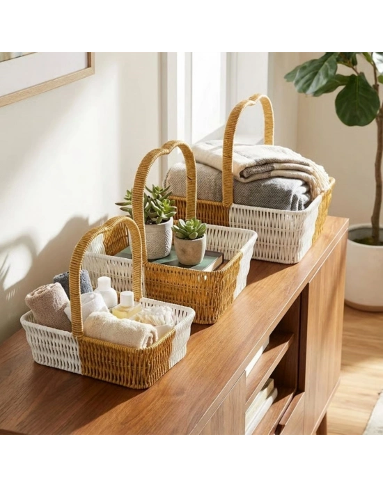 ®  İç İçe Geçebilen 3’lü Çift Renkli Dikdörtgen Formlu Kalp Saplı Plastik Rattan Sepet Seti – Hasır Görünümlü Çok Amaçlı Organizerler