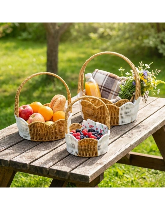 ®  İç İçe Geçebilen 3’lü Çift Renkli Yuvarlak Dalgalı Formlu Saplı Plastik Rattan Sepet Seti – Hasır Görünümlü Çok Amaçlı Organizerler