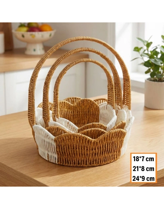 ®  İç İçe Geçebilen 3’lü Çift Renkli Yuvarlak Dalgalı Formlu Saplı Plastik Rattan Sepet Seti – Hasır Görünümlü Çok Amaçlı Organizerler
