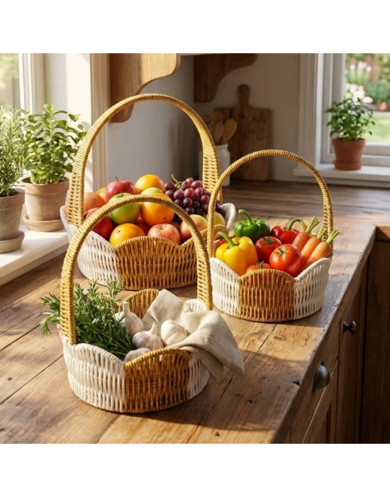 ®  İç İçe Geçebilen 3’lü Çift Renkli Yuvarlak Dalgalı Formlu Saplı Plastik Rattan Sepet Seti – Hasır Görünümlü Çok Amaçlı Organizerler