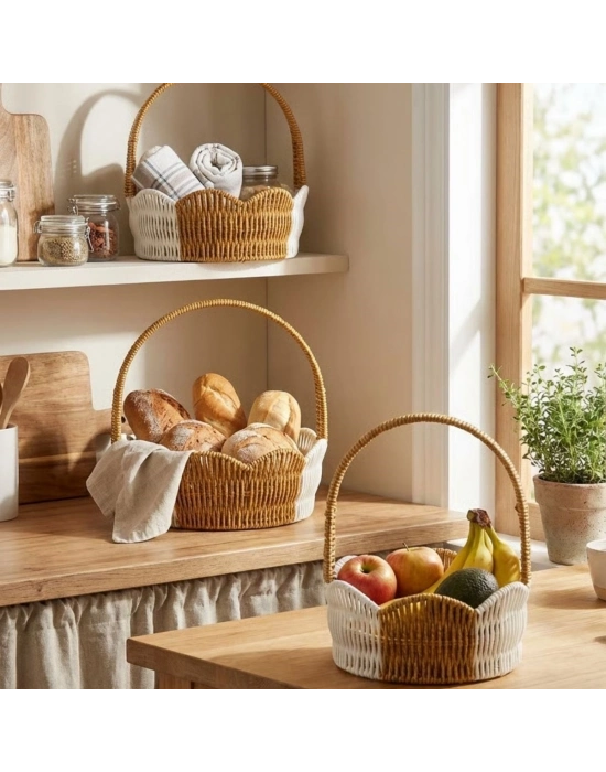 ®  İç İçe Geçebilen 3’lü Çift Renkli Yuvarlak Dalgalı Formlu Saplı Plastik Rattan Sepet Seti – Hasır Görünümlü Çok Amaçlı Organizerler