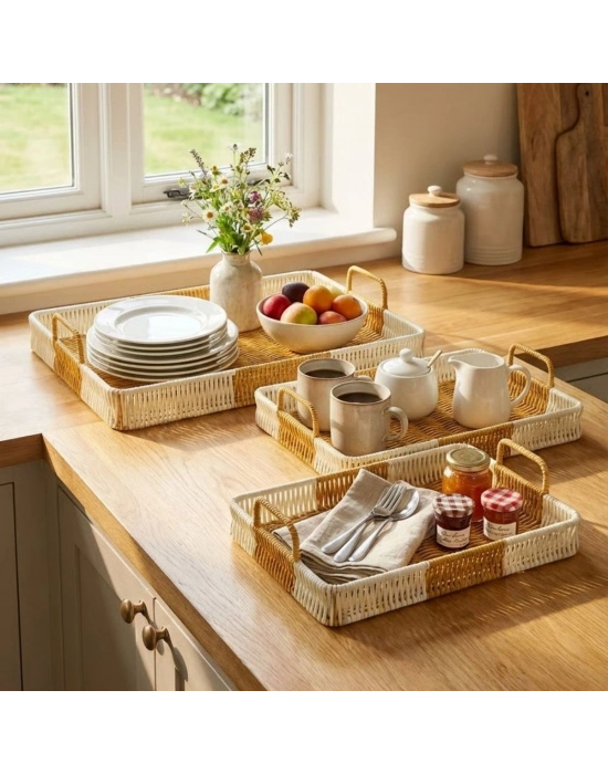 ®  İç İçe Geçebilen 3’lü Dikdörtgen Plastik Rattan Tepsi Seti–Çift Renkli Hasır Görünümlü Çok Amaçlı Servis ve Sunum Tepsileri