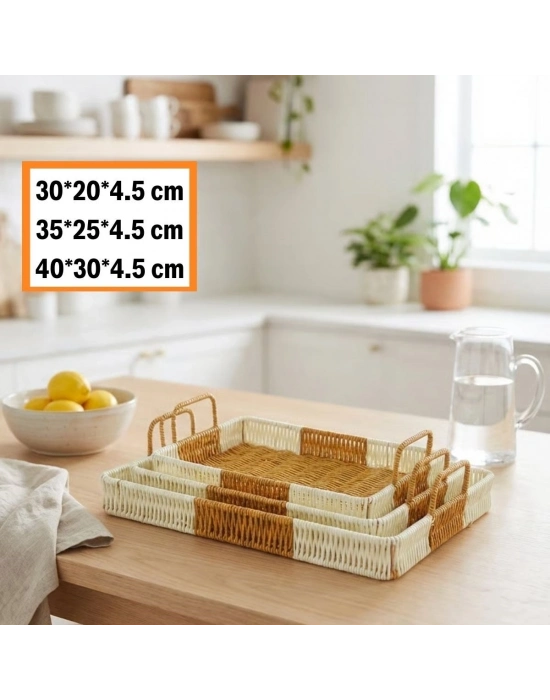 ®  İç İçe Geçebilen 3’lü Dikdörtgen Plastik Rattan Tepsi Seti–Çift Renkli Hasır Görünümlü Çok Amaçlı Servis ve Sunum Tepsileri