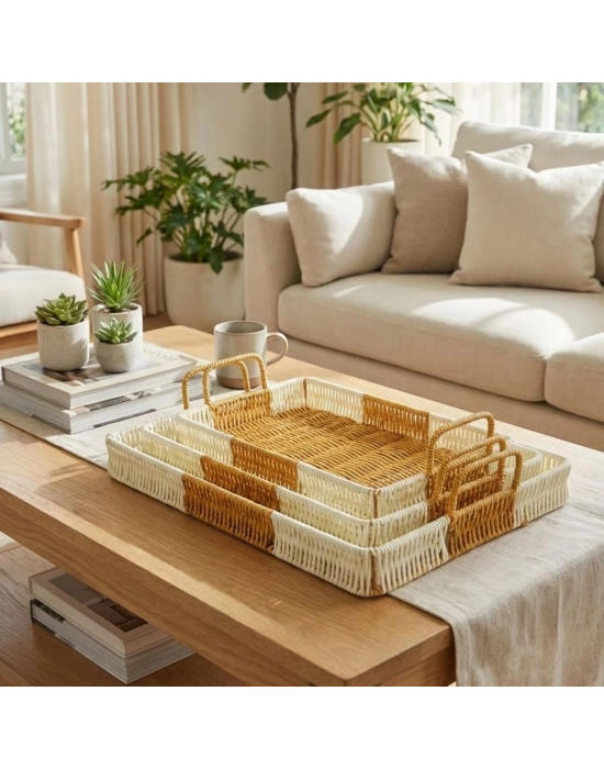®  İç İçe Geçebilen 3’lü Dikdörtgen Plastik Rattan Tepsi Seti–Çift Renkli Hasır Görünümlü Çok Amaçlı Servis ve Sunum Tepsileri
