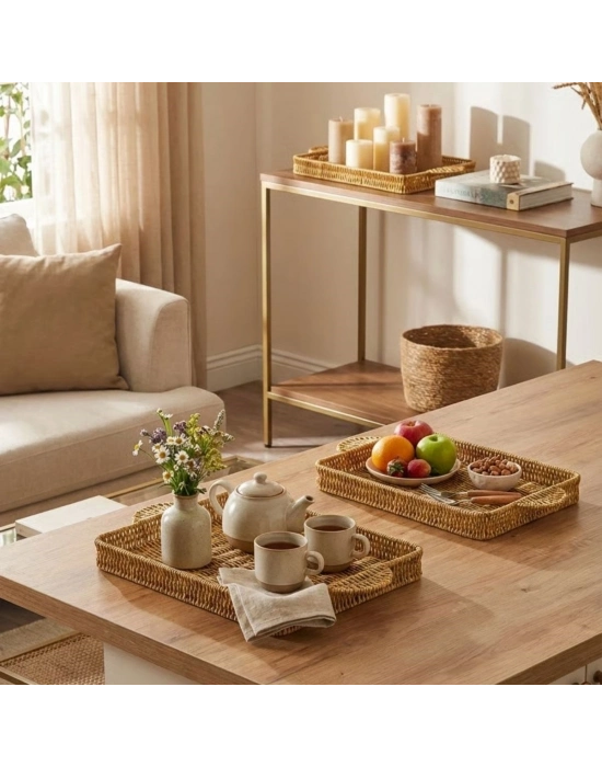 ®  İç İçe Geçebilen 3’lü Dikdörtgen Plastik Rattan Tepsi Seti–Hasır Görünümlü Çok Amaçlı Servis ve Sunum Tepsileri