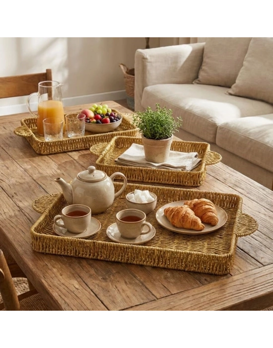 ®  İç İçe Geçebilen 3’lü Dikdörtgen Plastik Rattan Tepsi Seti–Hasır Görünümlü Çok Amaçlı Servis ve Sunum Tepsileri