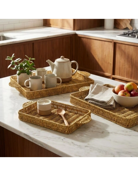 ®  İç İçe Geçebilen 3’lü Dikdörtgen Plastik Rattan Tepsi Seti–Hasır Görünümlü Çok Amaçlı Servis ve Sunum Tepsileri