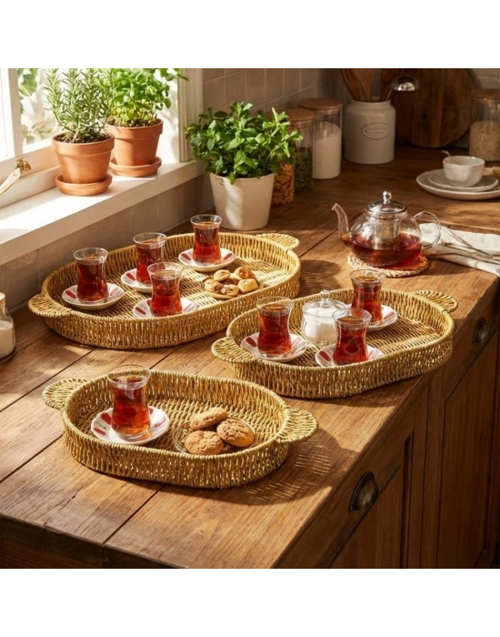 ®  İç İçe Geçebilen 3’lü Oval Plastik Rattan Tepsi Seti–Hasır Görünümlü Çok Amaçlı Servis ve Sunum Tepsileri