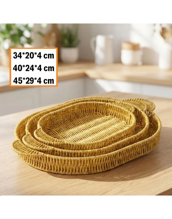 ®  İç İçe Geçebilen 3’lü Oval Plastik Rattan Tepsi Seti–Hasır Görünümlü Çok Amaçlı Servis ve Sunum Tepsileri