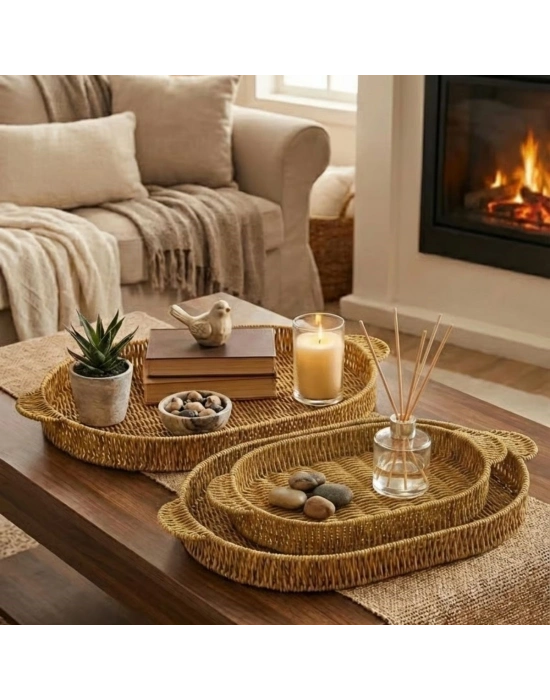 ®  İç İçe Geçebilen 3’lü Oval Plastik Rattan Tepsi Seti–Hasır Görünümlü Çok Amaçlı Servis ve Sunum Tepsileri