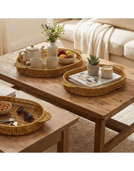 ®  İç İçe Geçebilen 3’lü Oval Plastik Rattan Tepsi Seti–Hasır Görünümlü Çok Amaçlı Servis ve Sunum Tepsileri