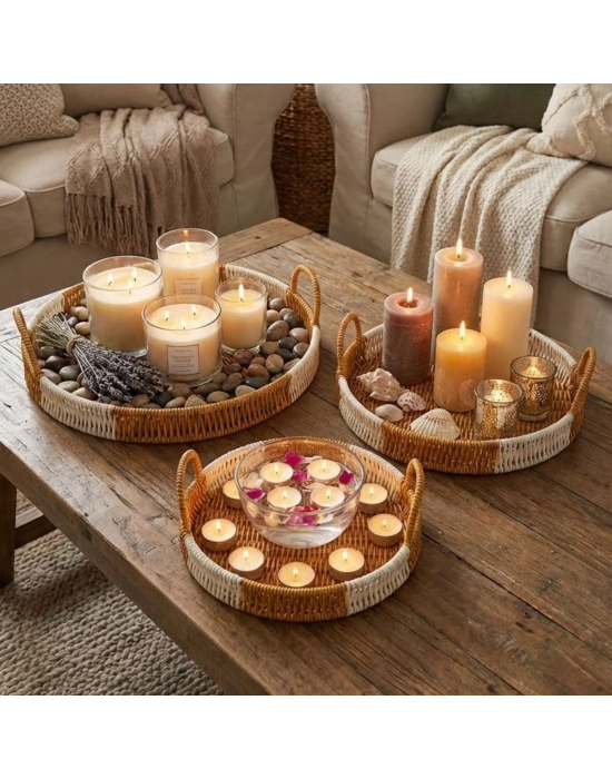 ®  İç İçe Geçebilen 3’lü Yuvarlak Plastik Rattan Tepsi Seti–Çift Renkli Hasır Görünümlü Çok Amaçlı Servis ve Sunum Tepsileri