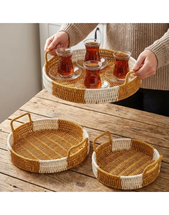 ®  İç İçe Geçebilen 3’lü Yuvarlak Plastik Rattan Tepsi Seti–Çift Renkli Hasır Görünümlü Çok Amaçlı Servis ve Sunum Tepsileri