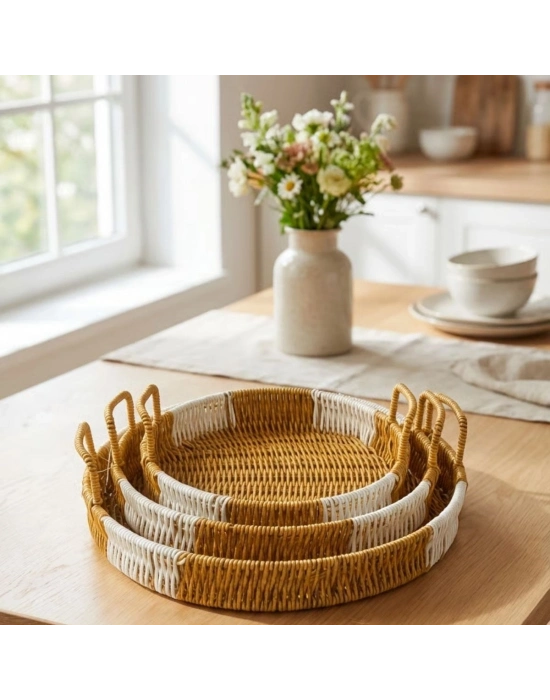 ®  İç İçe Geçebilen 3’lü Yuvarlak Plastik Rattan Tepsi Seti–Çift Renkli Hasır Görünümlü Çok Amaçlı Servis ve Sunum Tepsileri