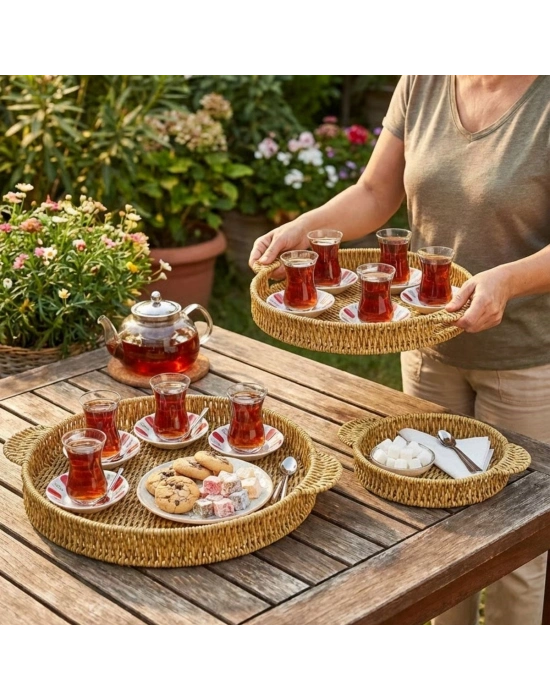 ®  İç İçe Geçebilen 3’lü Yuvarlak Plastik Rattan Tepsi Seti–Hasır Görünümlü Çok Amaçlı Servis ve Sunum Tepsileri